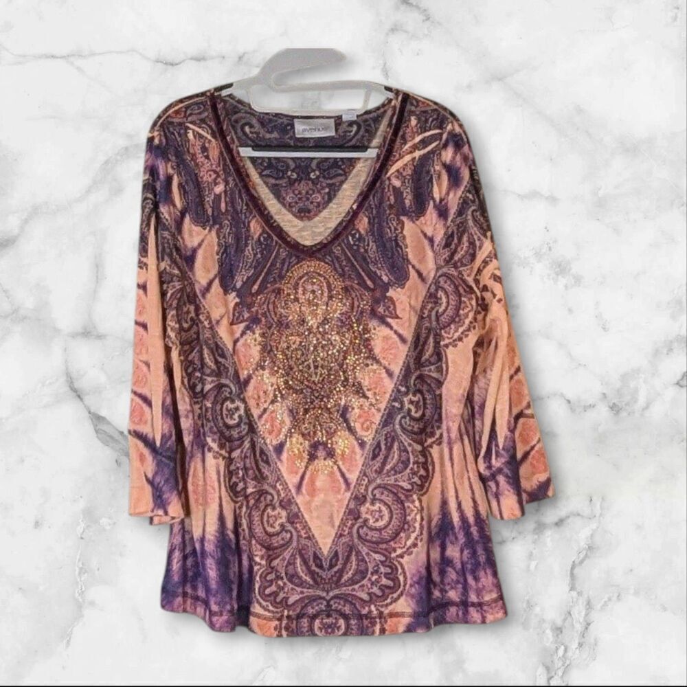 Avenue Women’s Top Boho Blouse 14/16 Rhinestone Purple/Peach